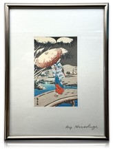 Japanischer Farbholzschnitt „Dame im Schnee mit Schirm“  nach Shotei / Hiroshige