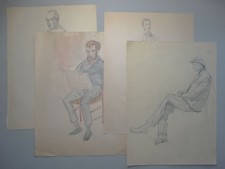 Männer Körperstudien sitzend Anzug Akt - 4 Zeichnungen Kohle Aquarell - 1959