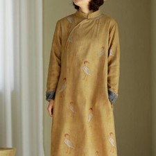 Damen Thermal Kleid Midi Ethnisch Baumwolle Linen Fleecefutter Qipao Winter Warm