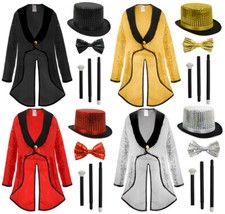 KINDER SHOWMAN SET PAILLETTEN TAILCOAT TOP MÜTZE FLIEGE SCHICKKLEID KOSTÜM TANZSHOW