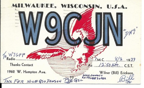 Qsl 1939 w9cjn milwaukee - qsl, wi