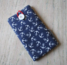 Smartphone Handy Tasche Hülle Stoff Blau Anker Maritim KONSUM SCHWESTERN 17x10cm