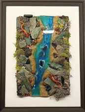 Bachlauf mit Eidechsen Neu Unikat Handarbeit Rahmen 40 x 30 Epoxidharz 30 x 20 