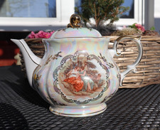 Oskar Schlegelmilch Teekanne Porzellan Perlmutt, Deko Nymphen, Goldrand, GDR