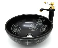 Schwarz Blumenmuster Kasbah Badezimmer Keramik Arbeitsplatte Waschbecken Spüle rund