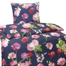 Hochwertige Biber Bettwäsche Baumwolle Blumen Blau Rot 135x200 80x80