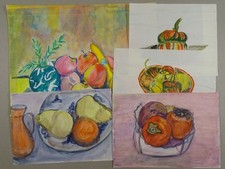 Obst Gemüse Stillleben - 4 Gemälde Aquarelle - Botanik Früchte Kürbis - 20. Jh.