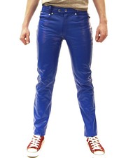 Herren Blau Leder Hose 100% Echt Lammleder Slim Fit Biker Jeans Stil Hose