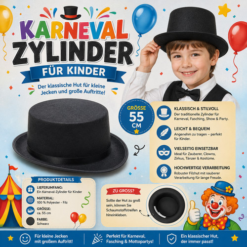 Kinder zylinder schwarz - 55, cm