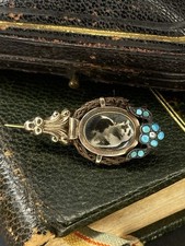 Antike Biedermeier Brosche Medaillon 14K Gold Rotgold Haarschmuck Türkis Blumen