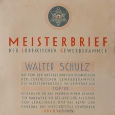 Meisterbrief historisch Töpfer Walter Schulz Gewerbekammer Lübeck 1932
