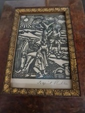 Gottfried Richter Holzschnitt Gemälde Bauern auf dem Feld Bei der Ernte Antik