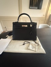 Hermes Kelly 32 Epsom Leder Schwarz Palladium Silber