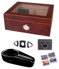 Angelo Humidor Set Wurzelholz-Optik Fenster ca 40 Zigarren Ascher Befeuchter Cut