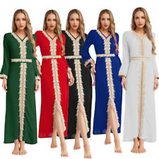 DE Muslimische Kaftan Abaya Kleid für Frauen Spitze Gürtel Dubai Islamische Robe