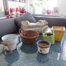 6x Blumentöpfe Übertöpfe Holz Bast Weidenkörbchen Blech verschiedene Größen