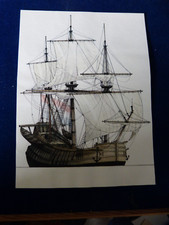 Grafik / Zeichnung - alter 3 Mast Segelschiff Kauffahrer - 28 x 21 cm coloriert