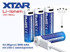 4x XTAR AA 1,5V Li-Ionen Akku 3000mAh–USB-C – mit gleichmäßig sinkender Spannung