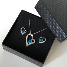 Luxus Herz ❤️ Schmuck Set 925er Silber Kette Ohrringe Blau Zirkonia Schmuckbox