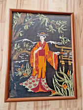 Gobelin Wandbild Stickbild Handarbeit Geisha schwarz orange Rahmen 53 x 40 cm