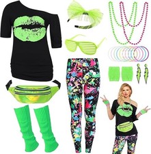 80er Jahre Damen Kostüm Accessoires Neongrün Neon LEGGINS GÜRTELTASCHE 80 Halloween M