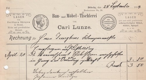 Döbeln rechnung 1894 carl - dÖbeln,, 1894,