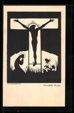 Scherenschnitt, Betende Maria vor Jesus am Kreuz, Ansichtskarte 