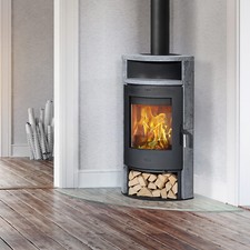 Fireplace Samba Eckkaminofen Stahl Schwarz Speckstein 6 kW Holzfach Kaminofen
