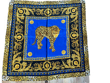 Vintage Seidentuch Leopard Leo Barock Muster 90x90 Schal Blau Gold 100% Seide