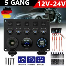 12V/24V Auto Boot 5-Gang LED Schaltpanel Schalter Schalttafel Voltmeter Dual USB