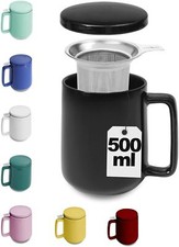 Teetasse mit Sieb und Deckel Keramik Tee Becher Groß Porzellan Set Schwarz XXL