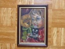 Altes Ölbild Holzrahmen Teddy Kind 27,5 x 37,5 Malplatte Halbkreide