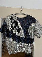 Schwarz Silber Pailletten Oberteil Shirt mit Muster