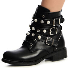 Damen Biker Worker Boots Stiefeletten Nieten Riemen Booties Zierperlen