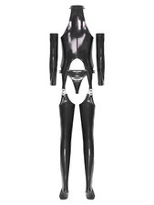 DE iEFiEL Damen Schritt Offen Body Wetlook Leder Bodysuit Mit String Outfit Club
