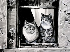 Original Kunst Grafik "KATZEN AM FENSTER " Grafic, handsigniert, limitiert, 