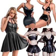DE Damen Sexy Rock Bodycon Wetlook Korsett Kleid Faltenrock Party Club Kostüm 