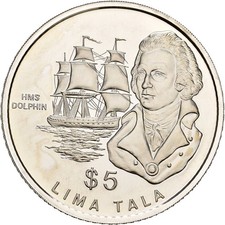 Künker: Tokelau, 5 Lima Tala 1989, HMS Dolphin, Silber, PP!