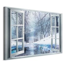 Wandbild Groß Wohnzimmer Leinwand Bilder Fenster Winter Schnee Blau Landschaft