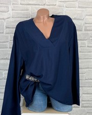 Italy Leinen Bluse Tunika Shirt V-Ausschnitt Langarmbluse 42 44 46 Blau C310