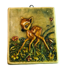 Vintage Wachsbild 30er 40er 50er Reh Bambi H 17 cm Blumenwiese Blüten