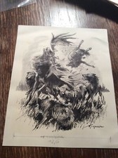 Originalzeichnung Ein Hirsch kämpft gegen Wölfe Wilhelm Eigener signiert um 1958