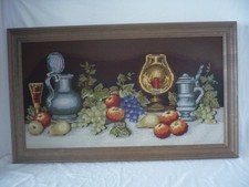 Gobelin mit Holzrahmen, handgestickt „Stillleben“, B 91 cm x H 54 cm