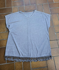 Damen Shirt Longshirt grau Gr. ca. 52 Tunika Bluse mit Fransen ärmellos
