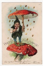 AK Neujahr,  Zwerg mit Weinglas und Pilz als Schirm steht auf Fliegenpilz, Geld