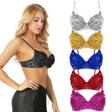 Damen Glänzend Pailletten Push Up BH Bra mit Bügel Clubwear Belly Dance Oberteil