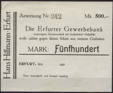 [11007] - NOTGELD ERFURT, Hans Hillmann/Erfurter Gewerbebank,  500 Mk, 00.00.192