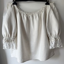 Vintage Anno Domini Bluse Tracht Fischgrät Leinen Creme Mittelalter 44 XXL