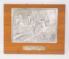 Vintage Wandbild Wallplate Zinn Reliefbild Pferde bei der Feldarbeit gerahmt