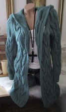Neu Winter Cardigan Strickjacke Jacke Kapuze Grob Zopfmuster Petrol 36-40